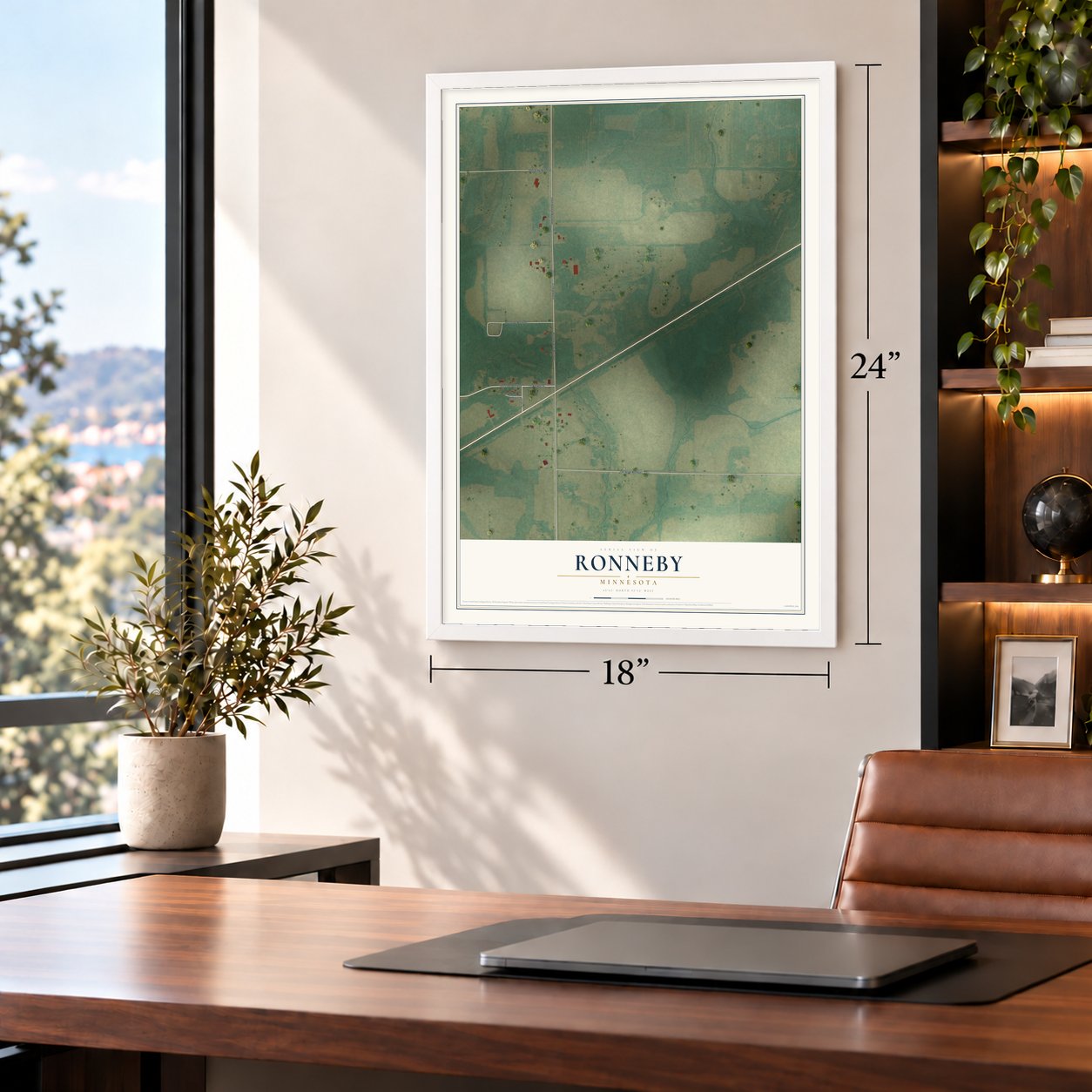 Ronneby, Minnesota map, 18 x 24 inch print in a white frame in a home office
