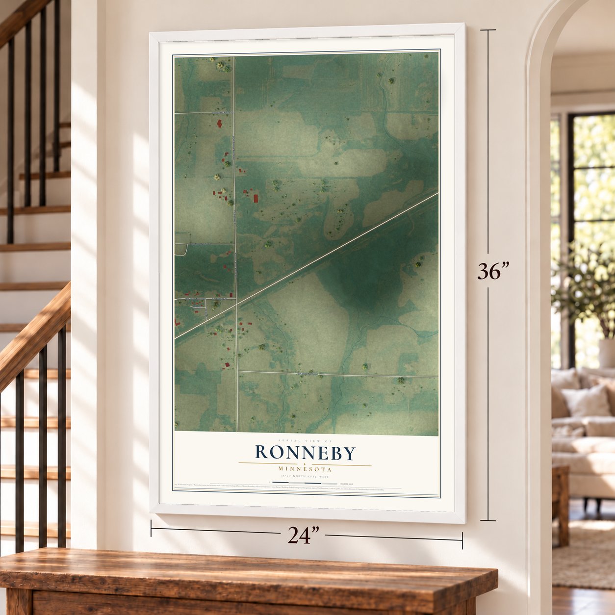 Ronneby, Minnesota map, 24 x 36 inch print in a white frame by a staircase