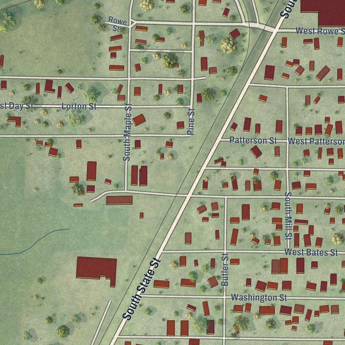 Second close-up of the map of Roodhouse, Illinois print showing more streets and buildings