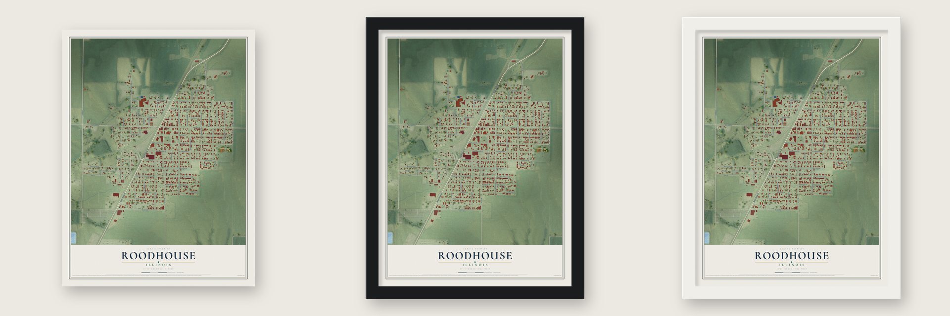 Roodhouse, Illinois map unframed, in a black wood frame and in a white wood frame