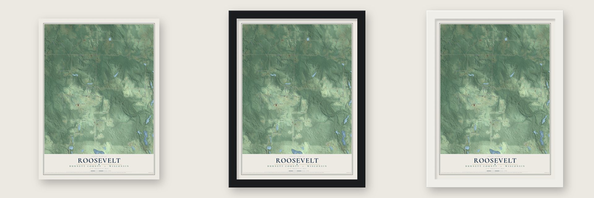 Roosevelt, Burnett County, Wisconsin map unframed, in a black wood frame and in a white wood frame