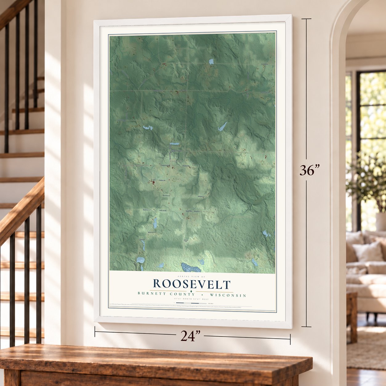 Roosevelt, Burnett County, Wisconsin map, 24 x 36 inch print in a white frame by a staircase