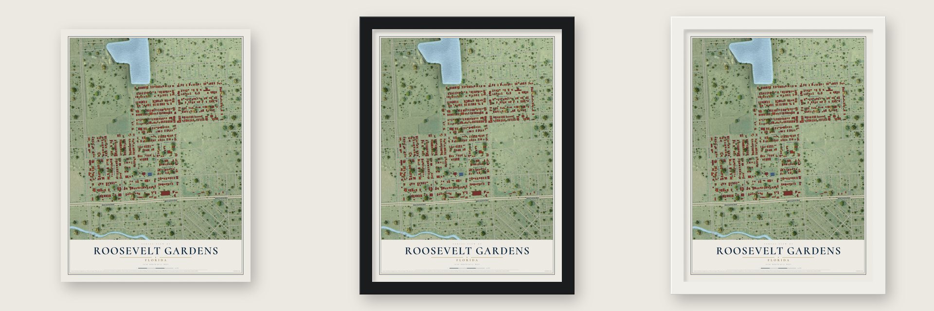 Roosevelt Gardens, Florida map unframed, in a black wood frame and in a white wood frame