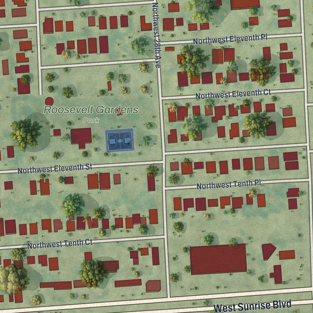 Second close-up of the map of Roosevelt Gardens, Florida print showing more streets and buildings