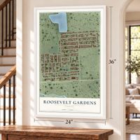 Roosevelt Gardens, Florida map, 24 x 36 inch print in a white frame by a staircase