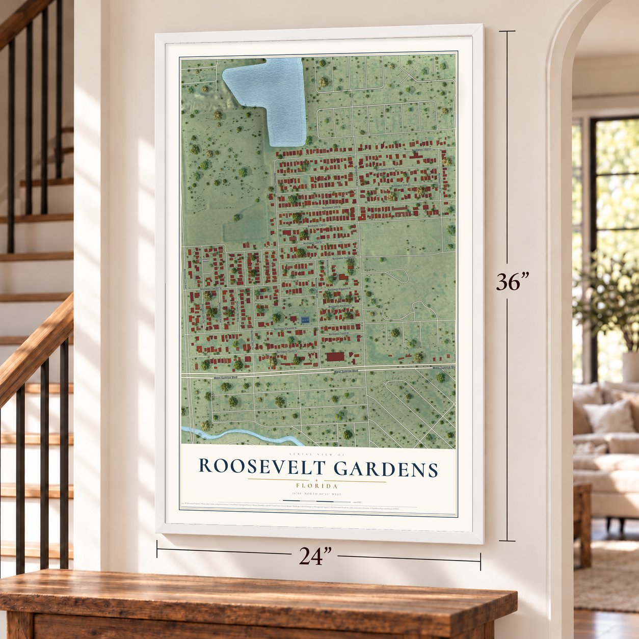 Roosevelt Gardens, Florida map, 24 x 36 inch print in a white frame by a staircase