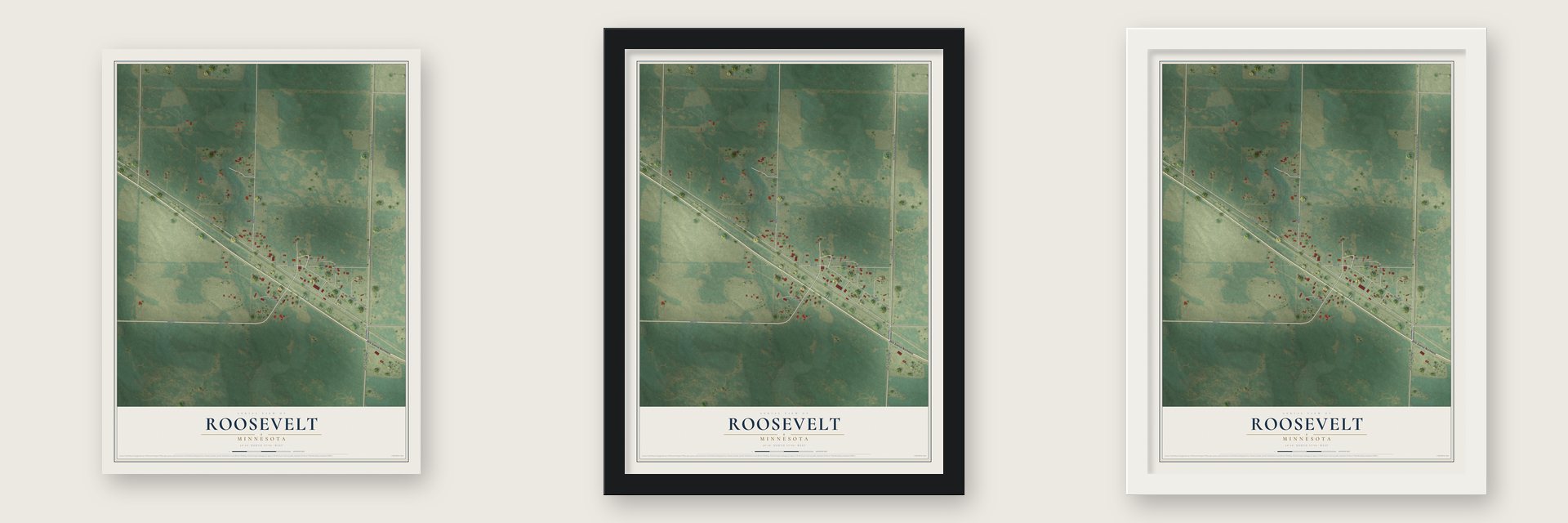 Roosevelt, Minnesota map unframed, in a black wood frame and in a white wood frame