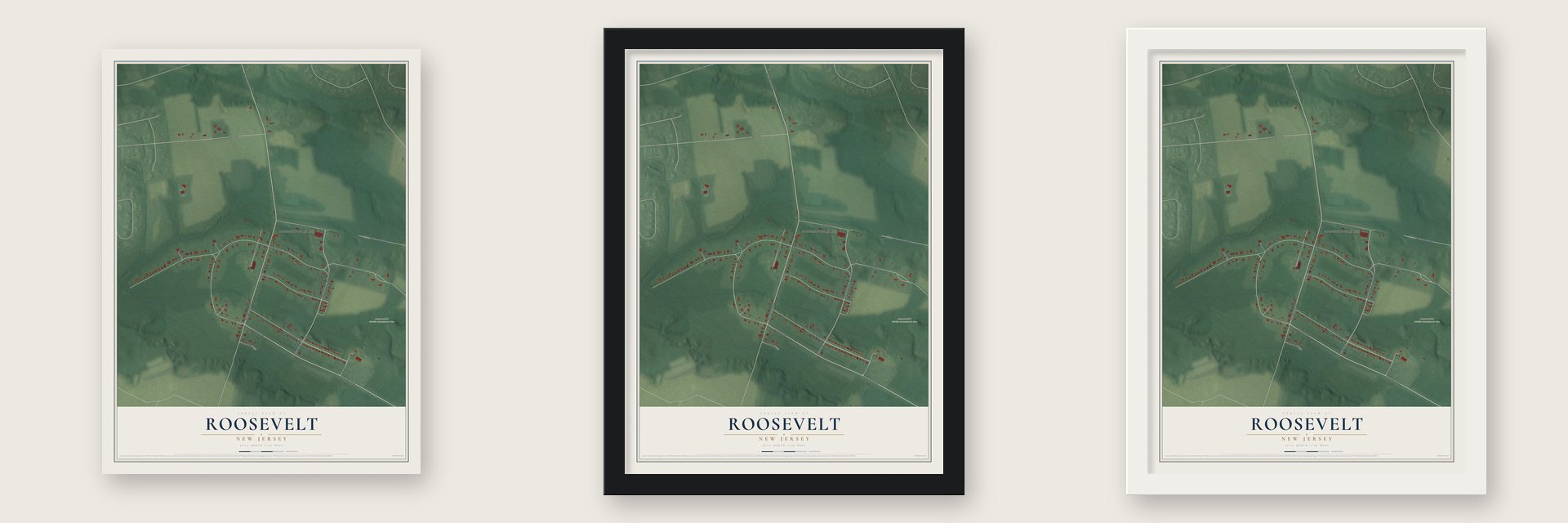 Roosevelt, New Jersey map unframed, in a black wood frame and in a white wood frame