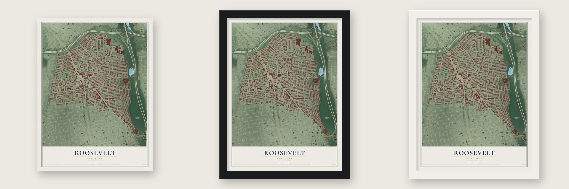 Roosevelt, New York map unframed, in a black wood frame and in a white wood frame