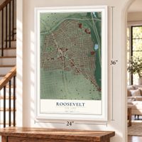 Roosevelt, New York map, 24 x 36 inch print in a white frame by a staircase