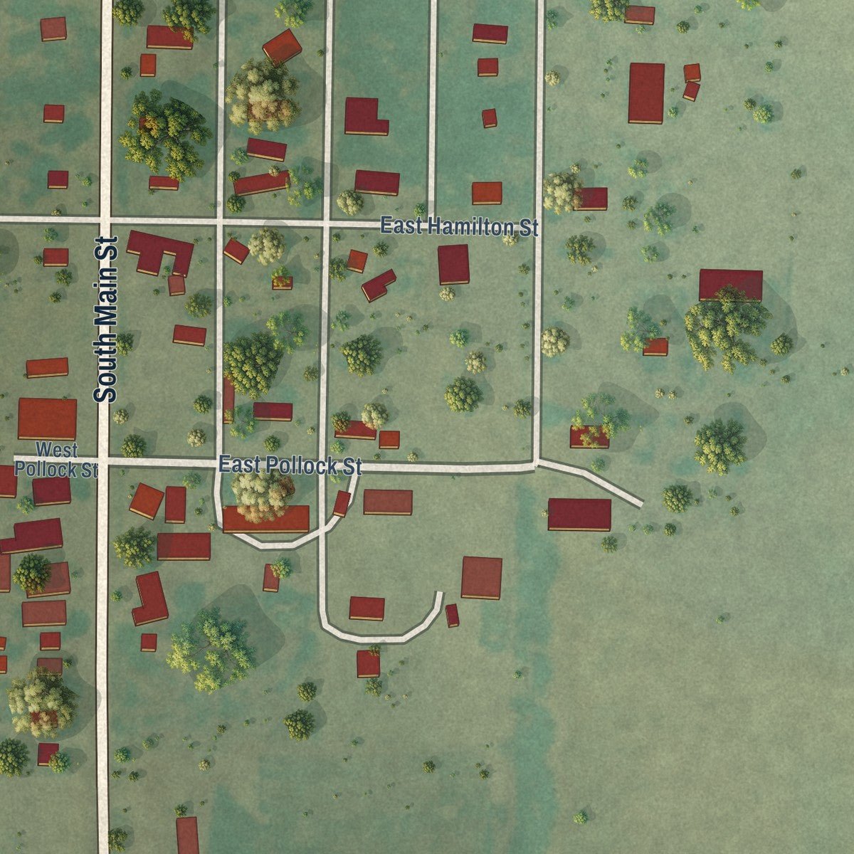 Second close-up of the map of Roosevelt, Oklahoma print showing more streets and buildings