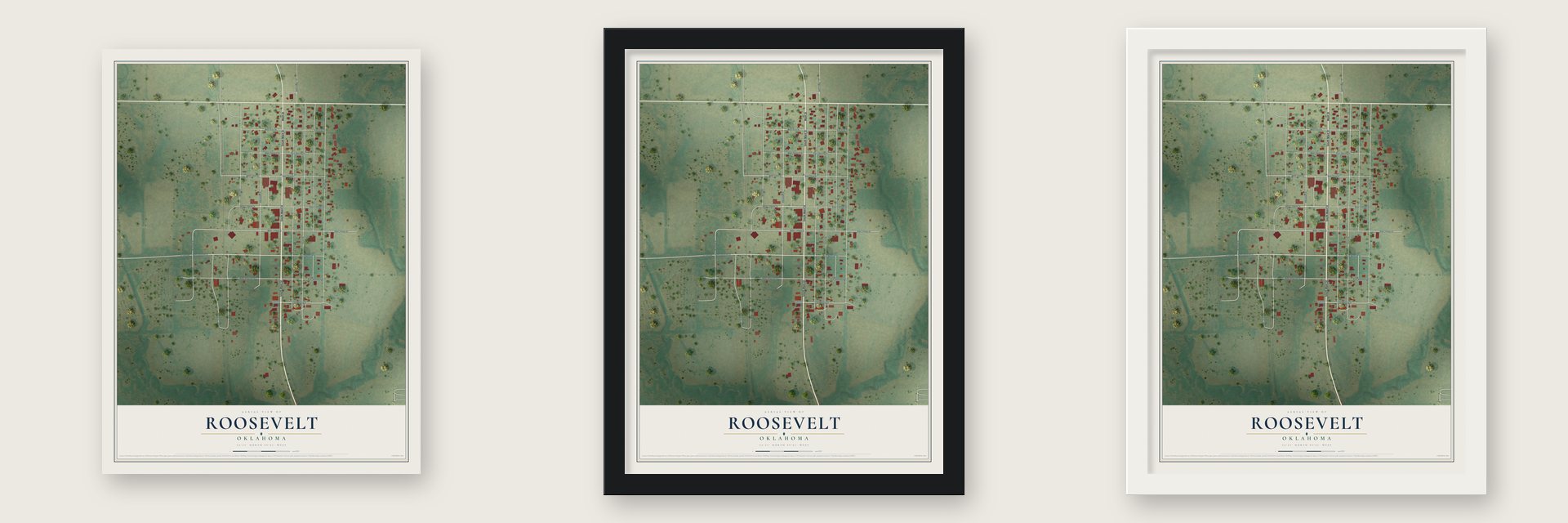 Roosevelt, Oklahoma map unframed, in a black wood frame and in a white wood frame