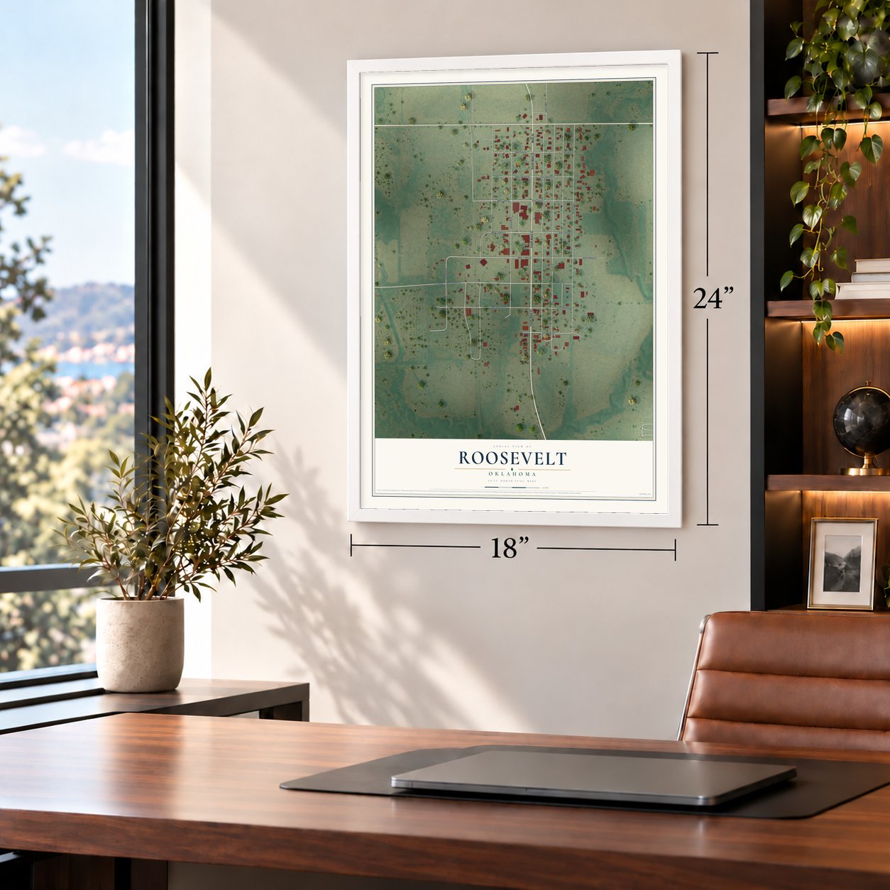 Roosevelt, Oklahoma map, 18 x 24 inch print in a white frame in a home office