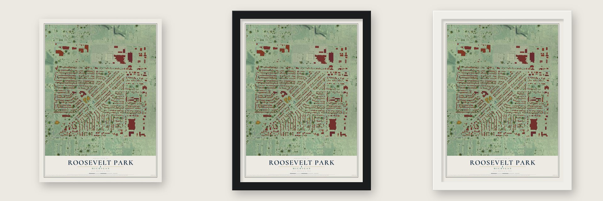 Roosevelt Park, Michigan map unframed, in a black wood frame and in a white wood frame