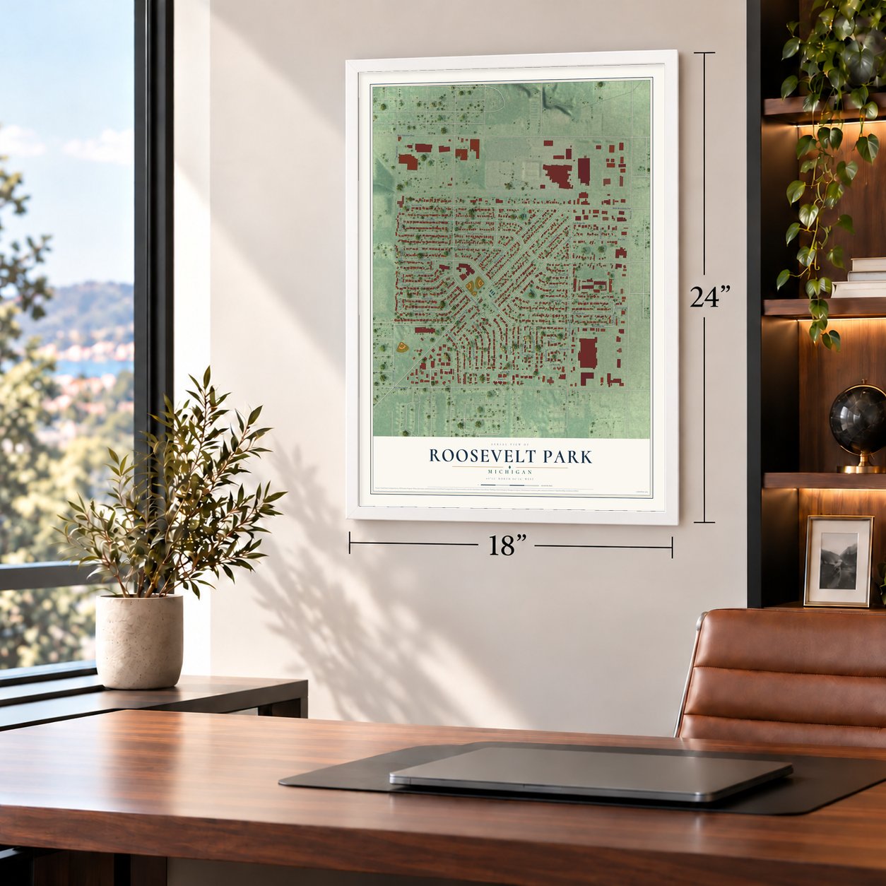 Roosevelt Park, Michigan map, 18 x 24 inch print in a white frame in a home office