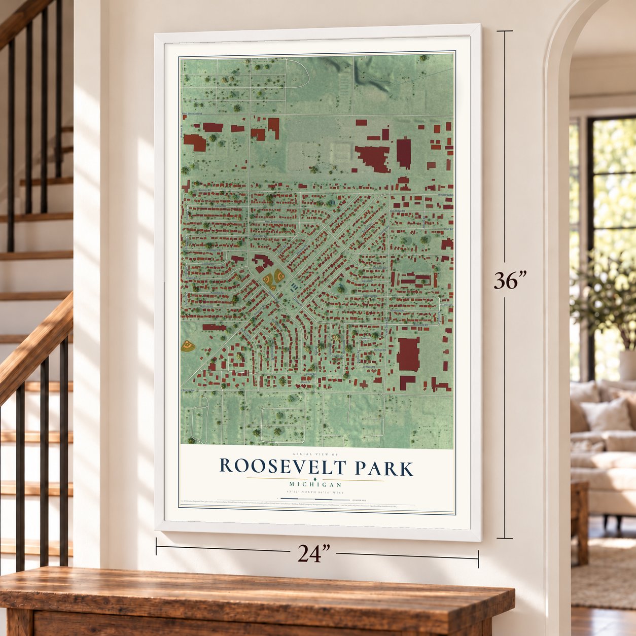 Roosevelt Park, Michigan map, 24 x 36 inch print in a white frame by a staircase