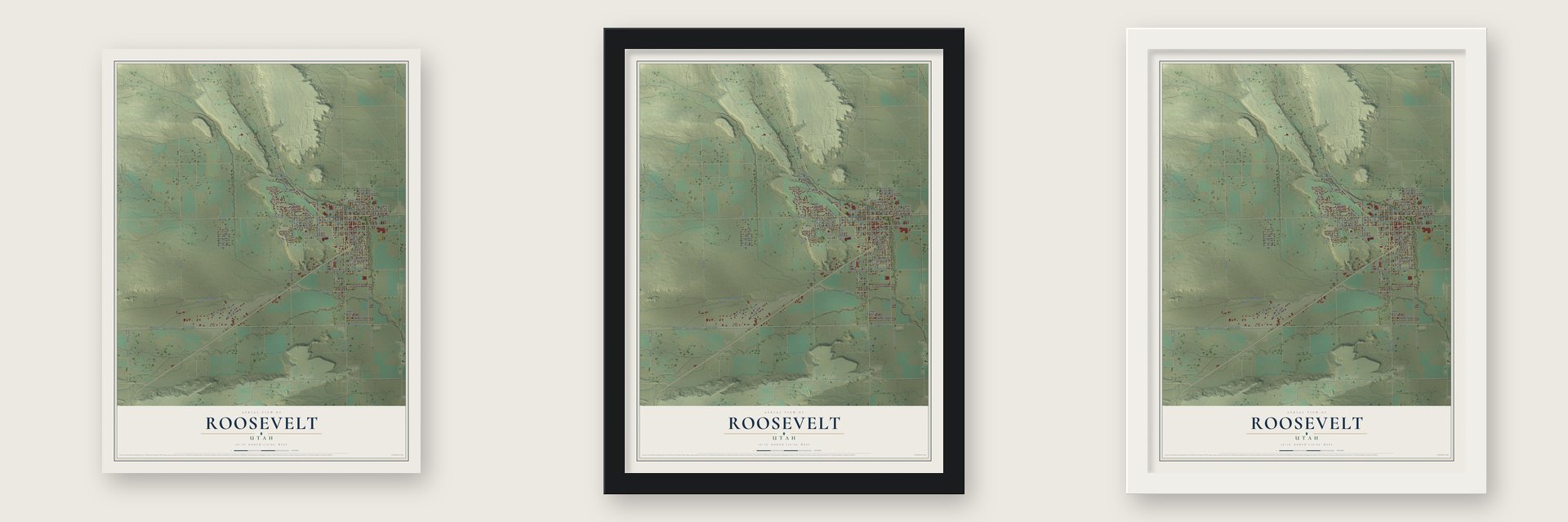 Roosevelt, Utah map unframed, in a black wood frame and in a white wood frame