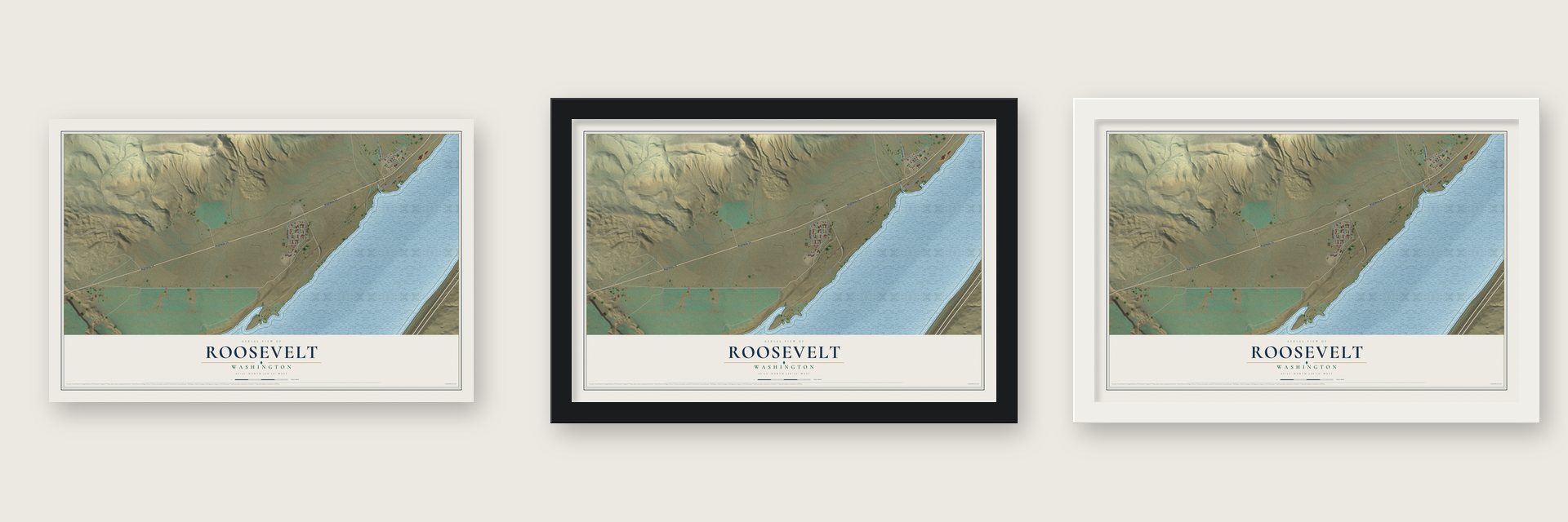 Roosevelt, Washington map unframed, in a black wood frame and in a white wood frame