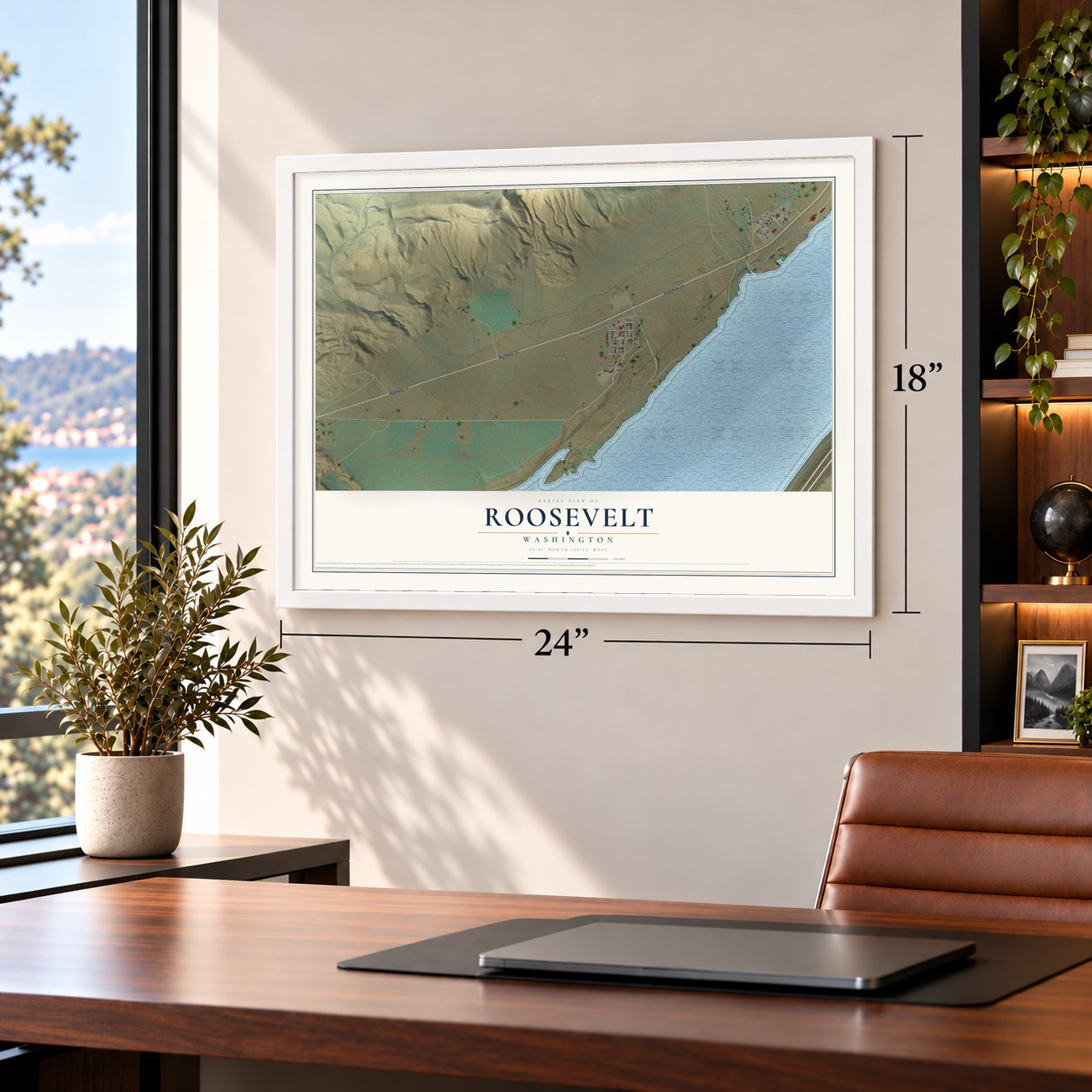 Roosevelt, Washington map, 18 x 24 inch print in a white frame in a home office
