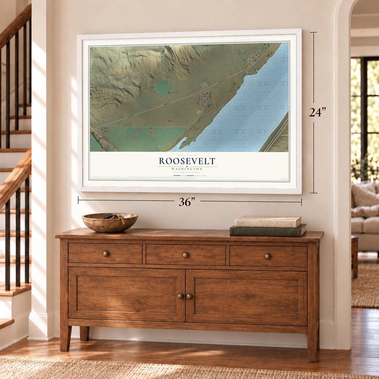Roosevelt, Washington map, 24 x 36 inch print in a white frame above a dresser by a staircase