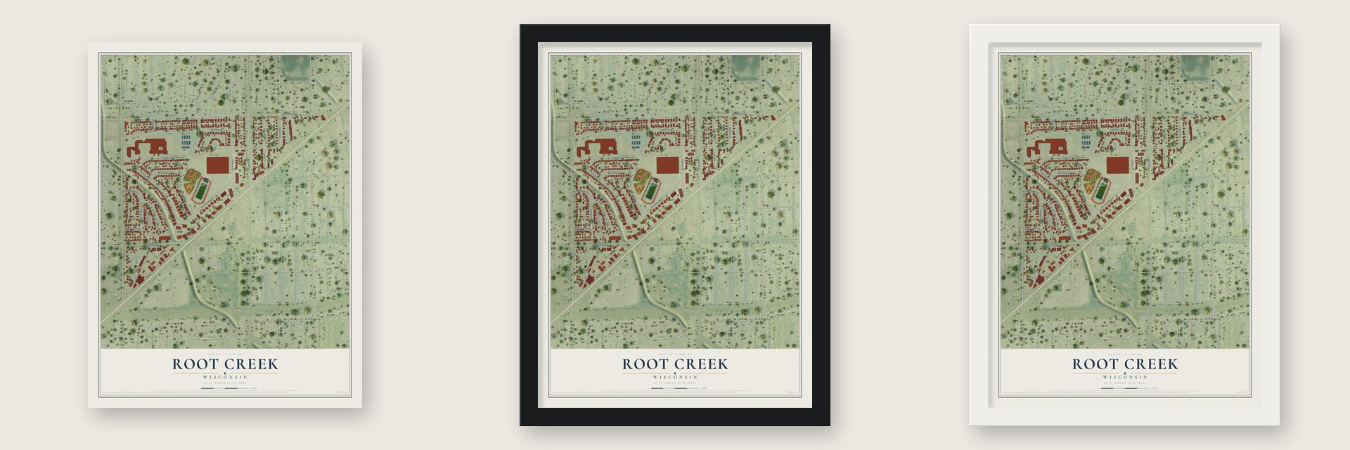 Root Creek, Wisconsin map unframed, in a black wood frame and in a white wood frame