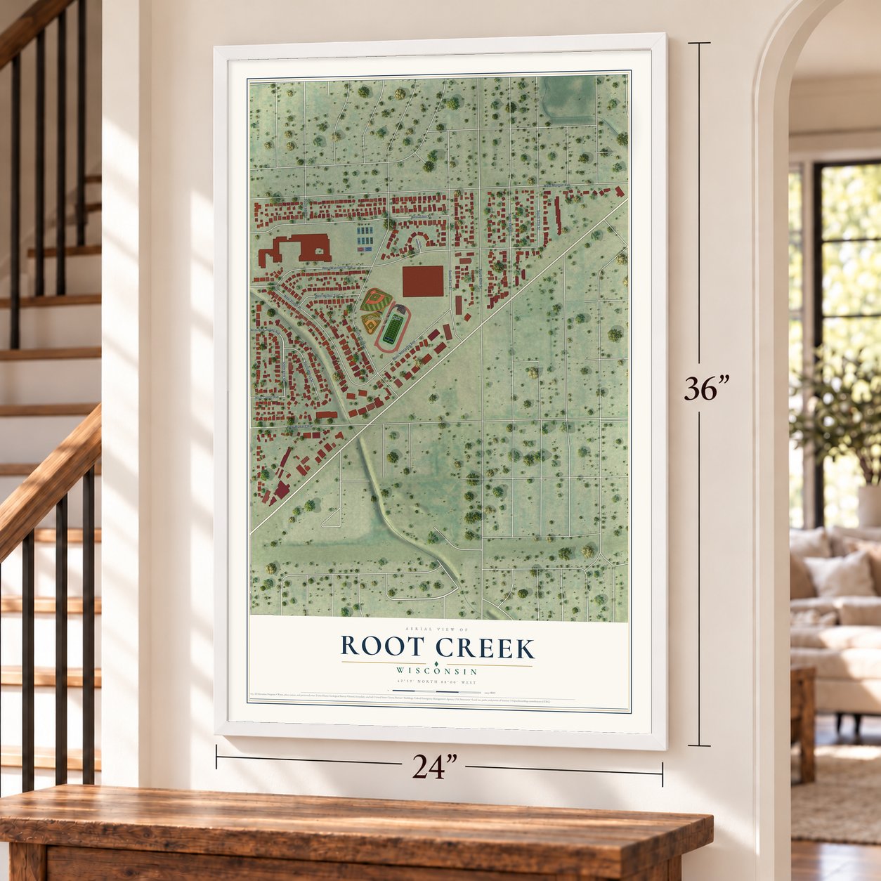 Root Creek, Wisconsin map, 24 x 36 inch print in a white frame by a staircase