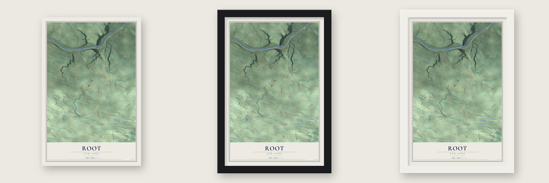 Root, New York map unframed, in a black wood frame and in a white wood frame
