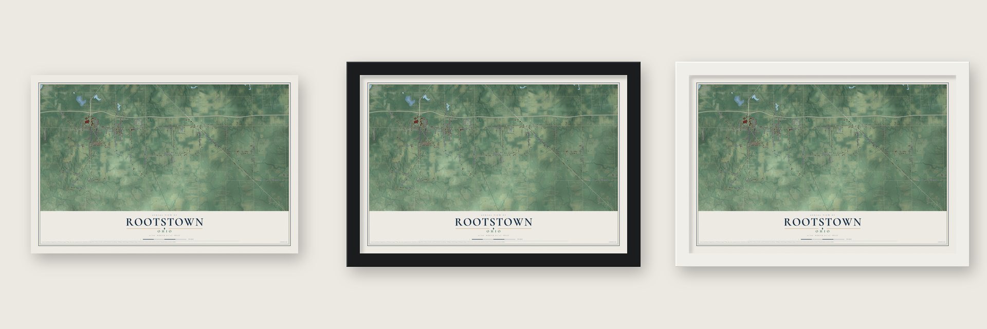 Rootstown, Ohio map unframed, in a black wood frame and in a white wood frame