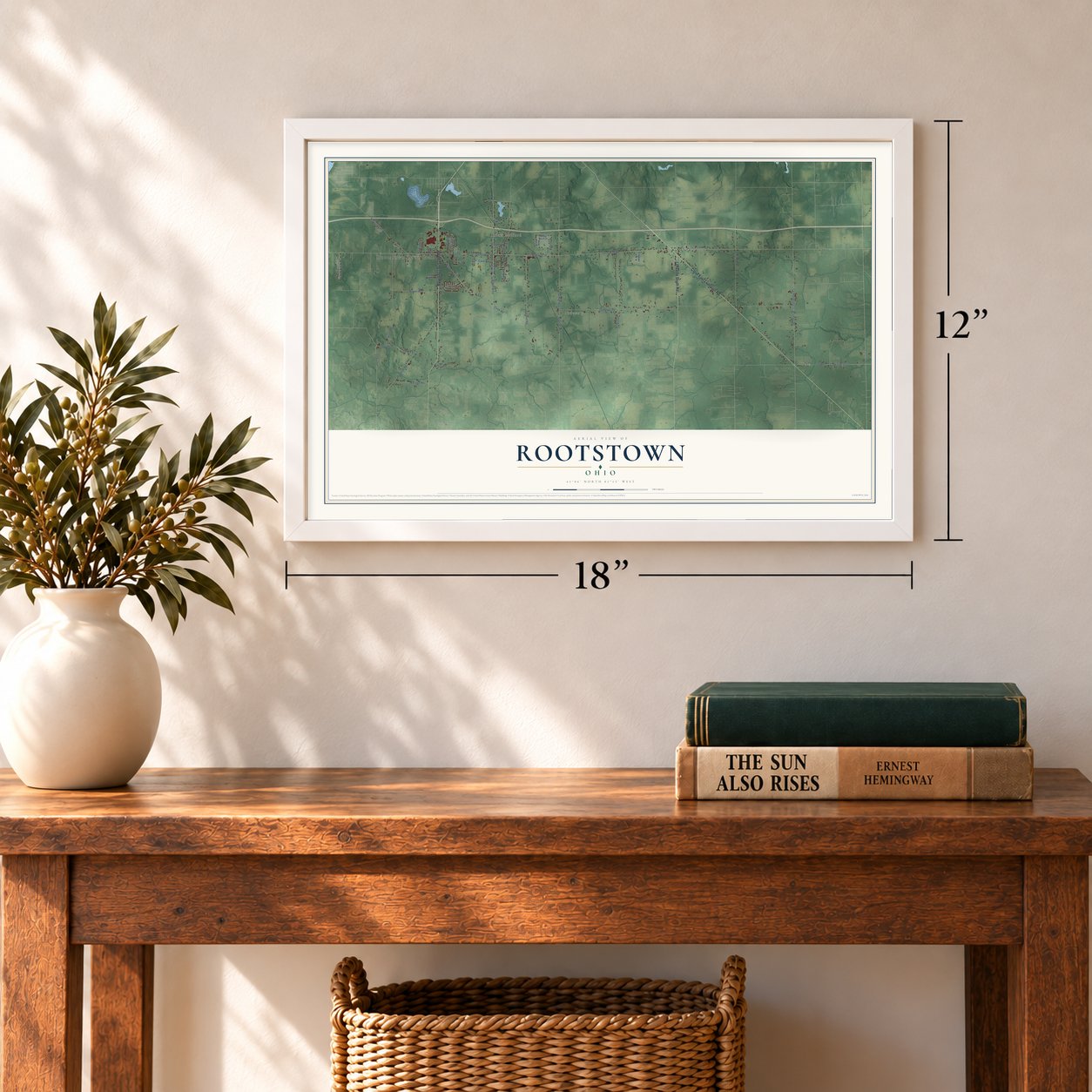 Rootstown, Ohio map, 12 x 18 inch print in a white frame in an entryway