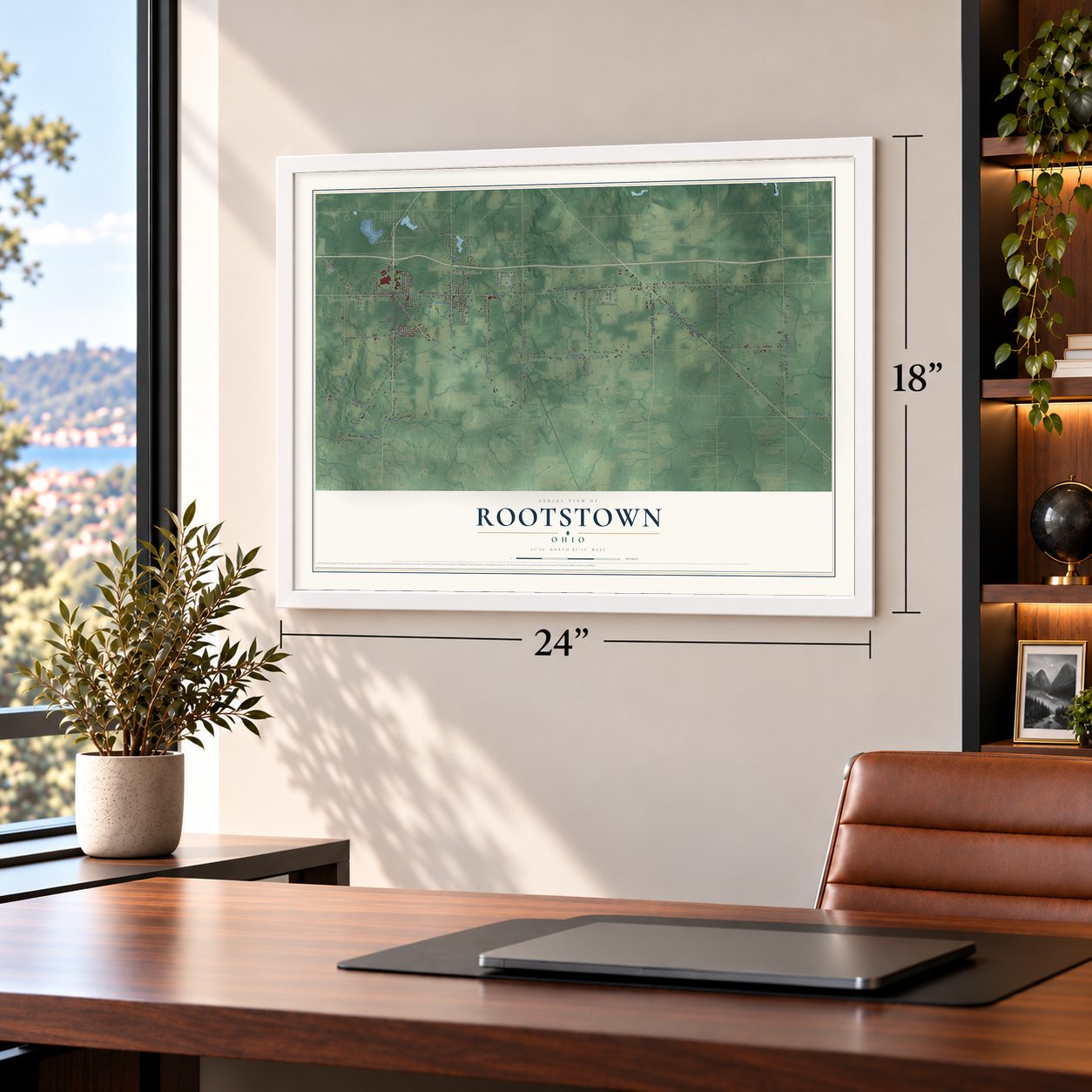 Rootstown, Ohio map, 18 x 24 inch print in a white frame in a home office