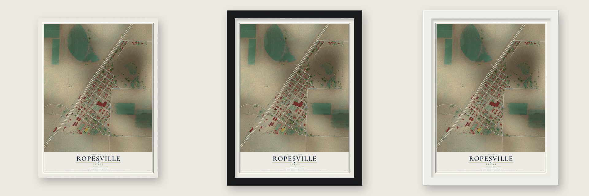 Ropesville, Texas map unframed, in a black wood frame and in a white wood frame