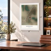 Ropesville, Texas map, 18 x 24 inch print in a white frame in a home office