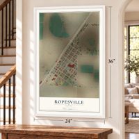 Ropesville, Texas map, 24 x 36 inch print in a white frame by a staircase