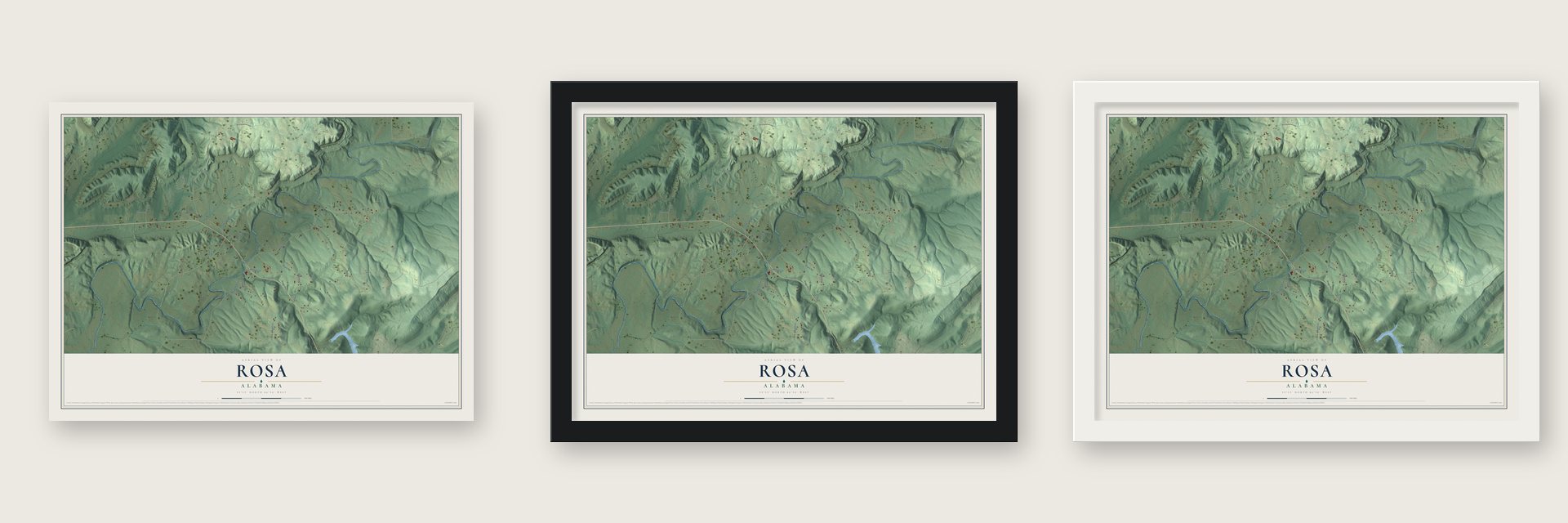 Rosa, Alabama map unframed, in a black wood frame and in a white wood frame