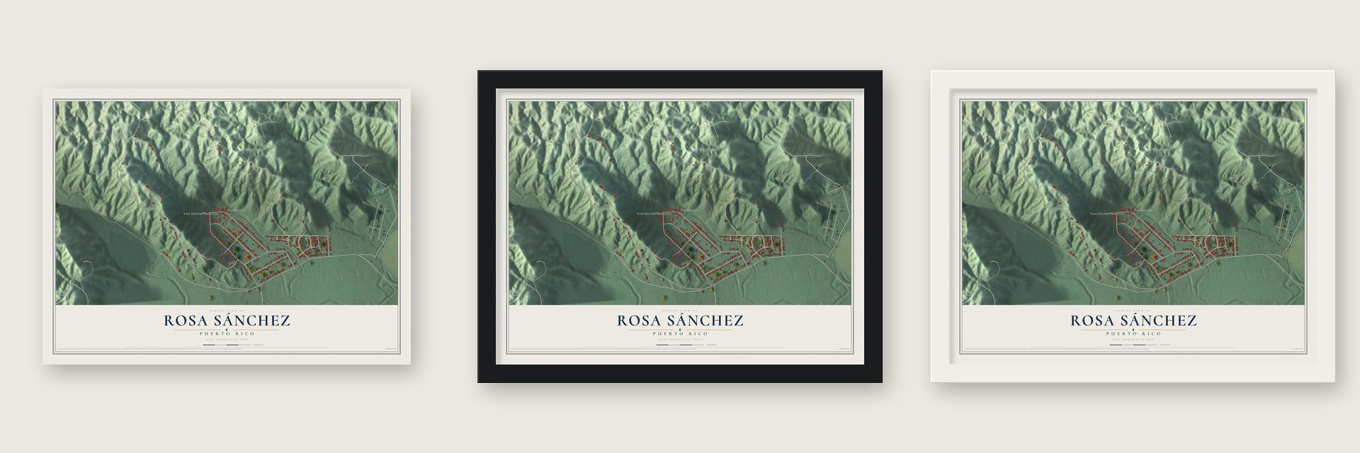 Rosa Sánchez, Puerto Rico map unframed, in a black wood frame and in a white wood frame
