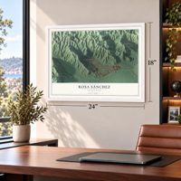 Rosa Sánchez, Puerto Rico map, 18 x 24 inch print in a white frame in a home office