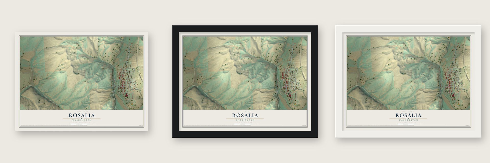Rosalia, Washington map unframed, in a black wood frame and in a white wood frame