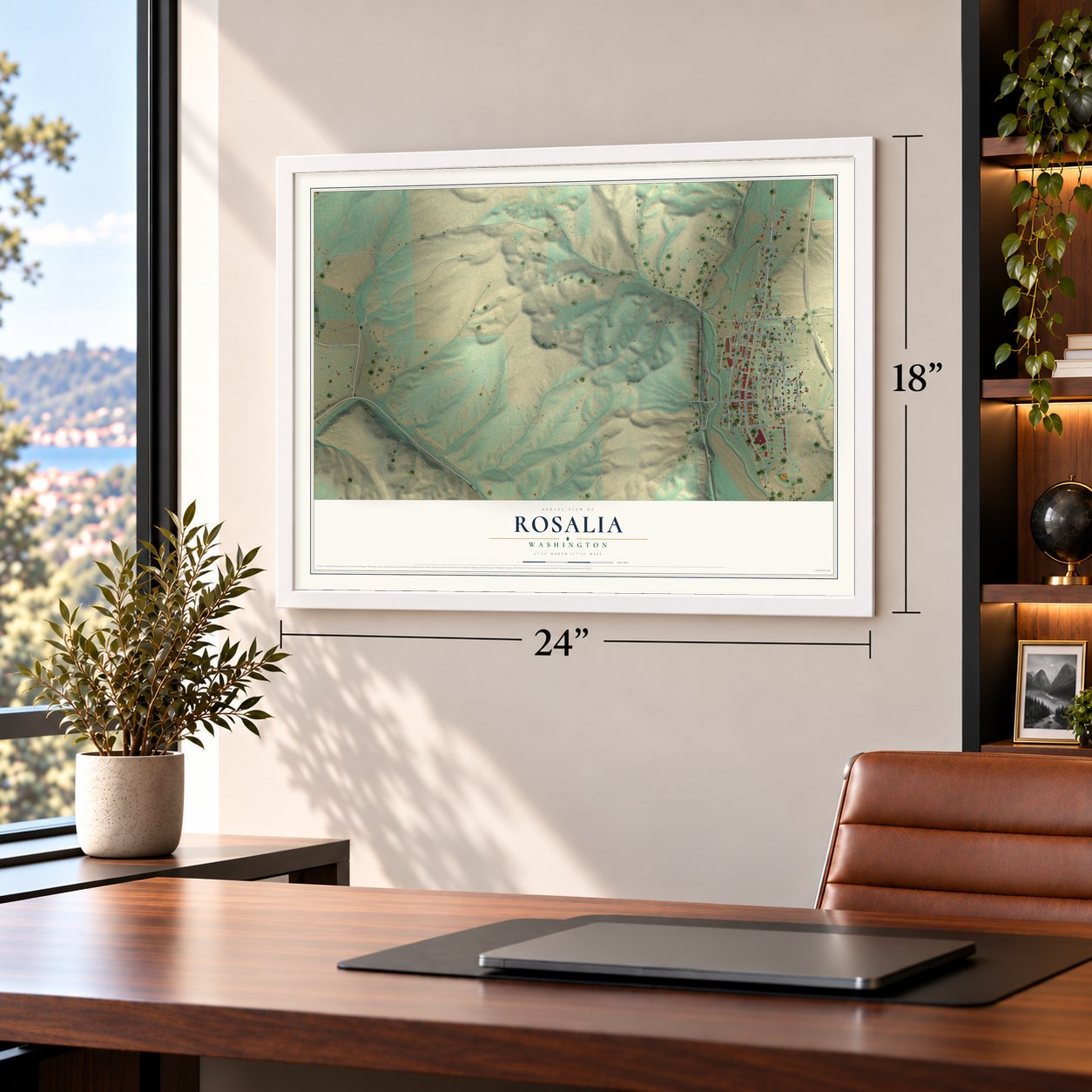 Rosalia, Washington map, 18 x 24 inch print in a white frame in a home office