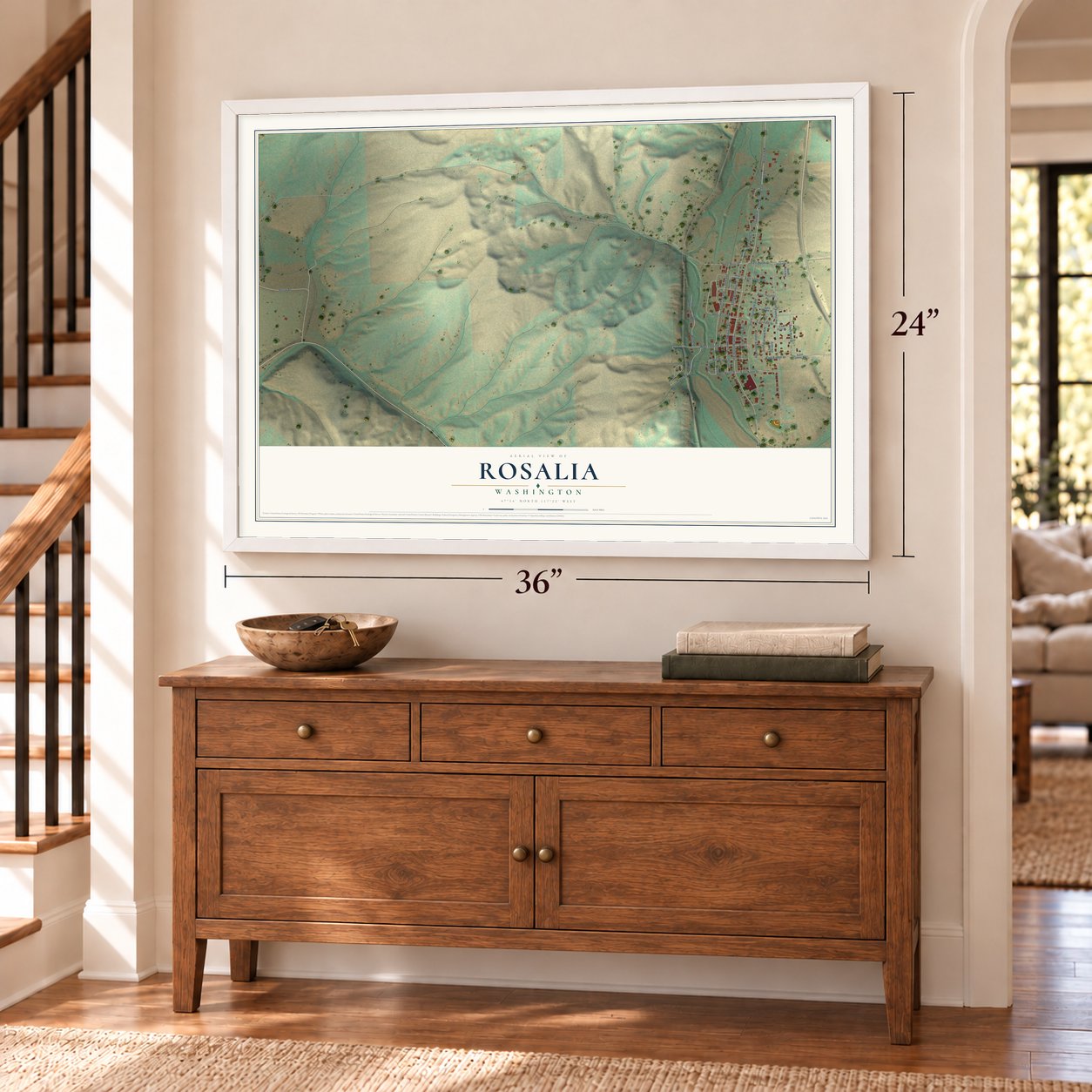 Rosalia, Washington map, 24 x 36 inch print in a white frame above a dresser by a staircase
