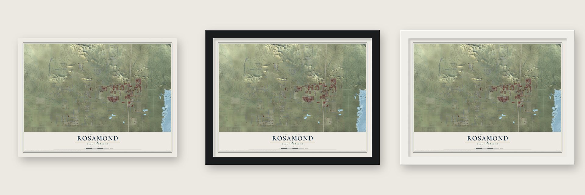 Rosamond, California map unframed, in a black wood frame and in a white wood frame