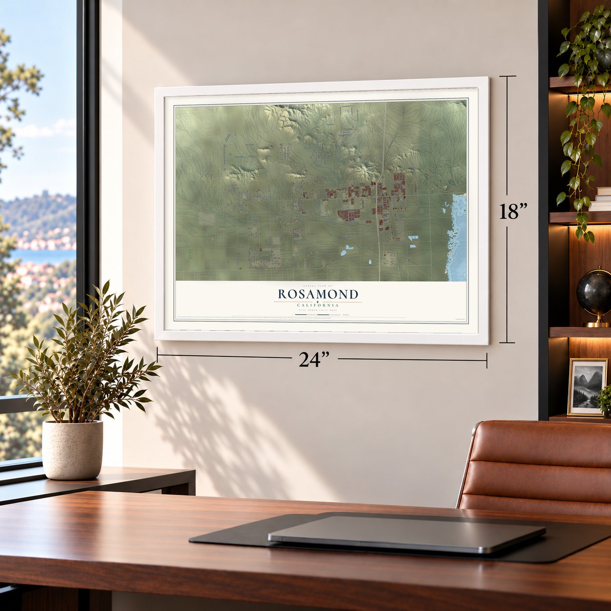 Rosamond, California map, 18 x 24 inch print in a white frame in a home office