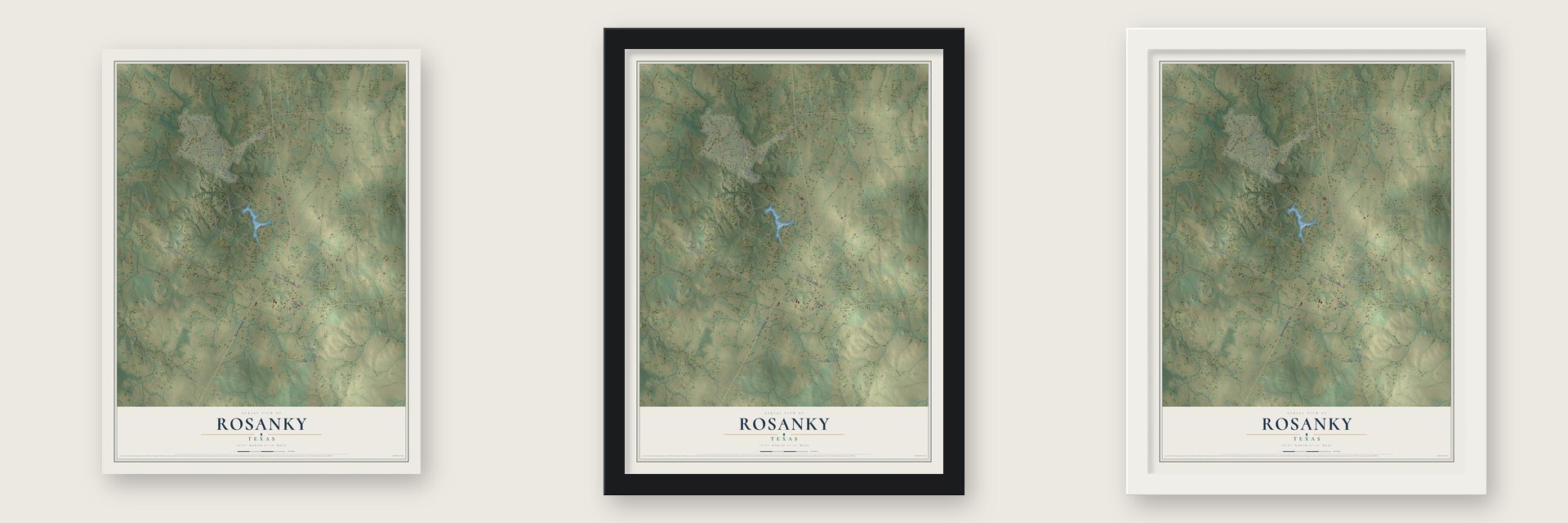 Rosanky, Texas map unframed, in a black wood frame and in a white wood frame