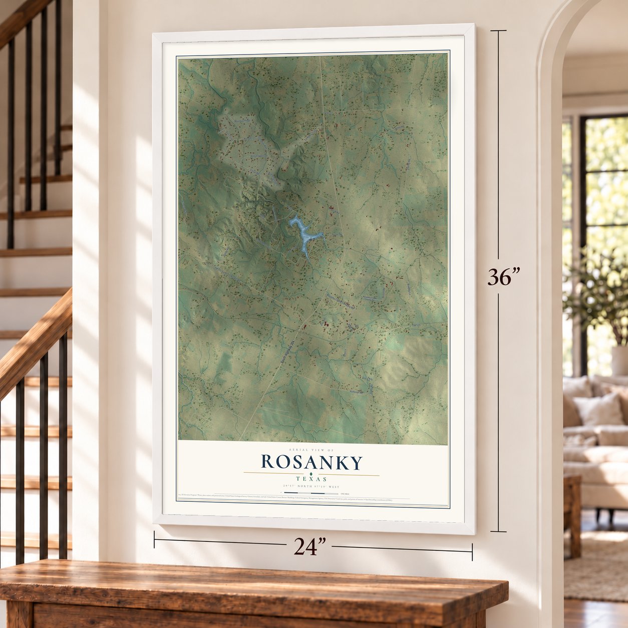 Rosanky, Texas map, 24 x 36 inch print in a white frame by a staircase