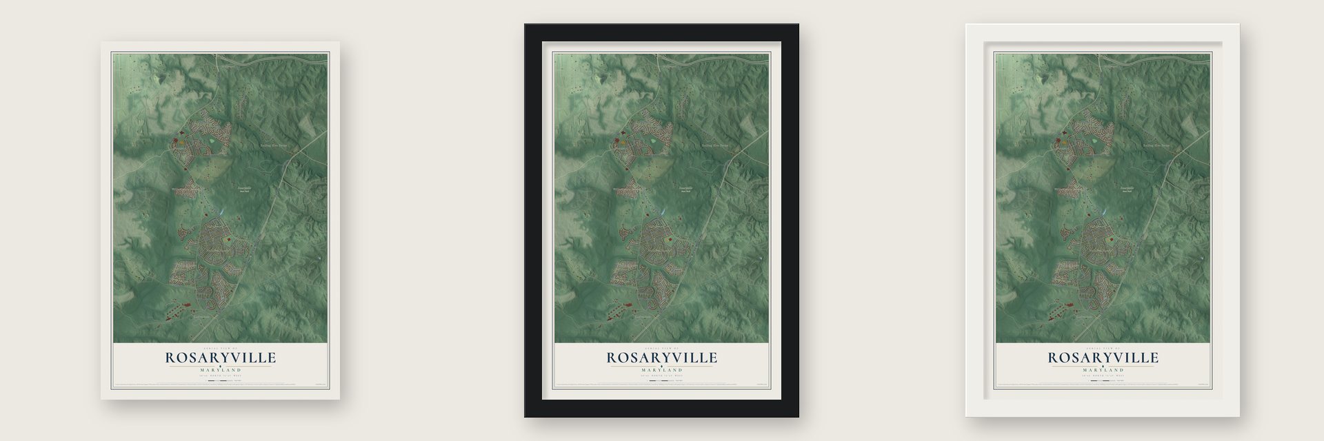 Rosaryville, Maryland map unframed, in a black wood frame and in a white wood frame