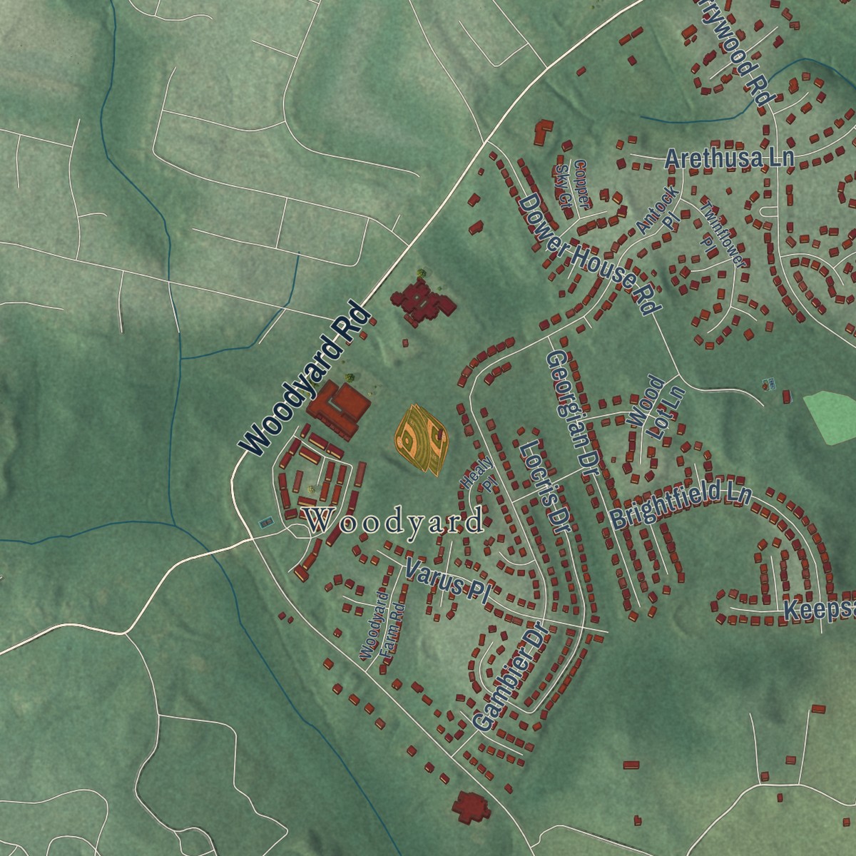 Second close-up of the map of Rosaryville, Maryland print showing more streets and buildings