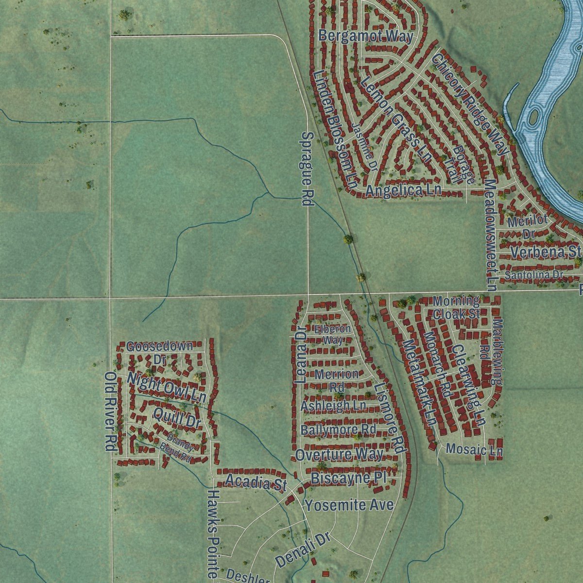 Second close-up of the map of Roscoe, Illinois print showing more streets and buildings