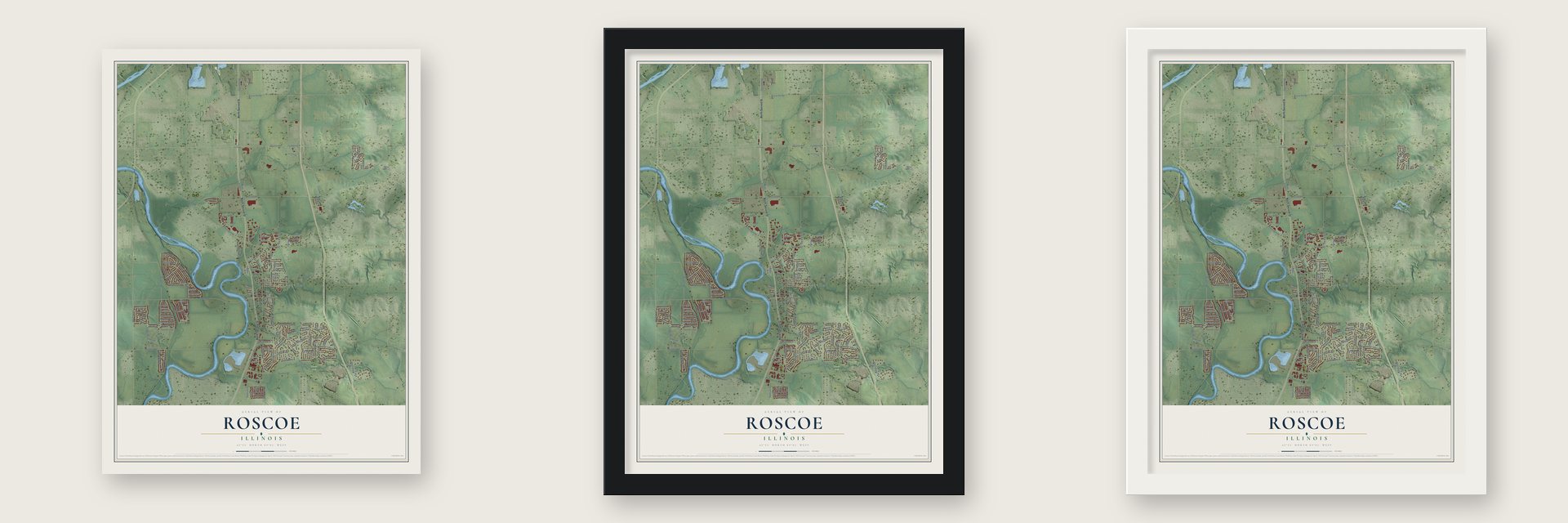 Roscoe, Illinois map unframed, in a black wood frame and in a white wood frame