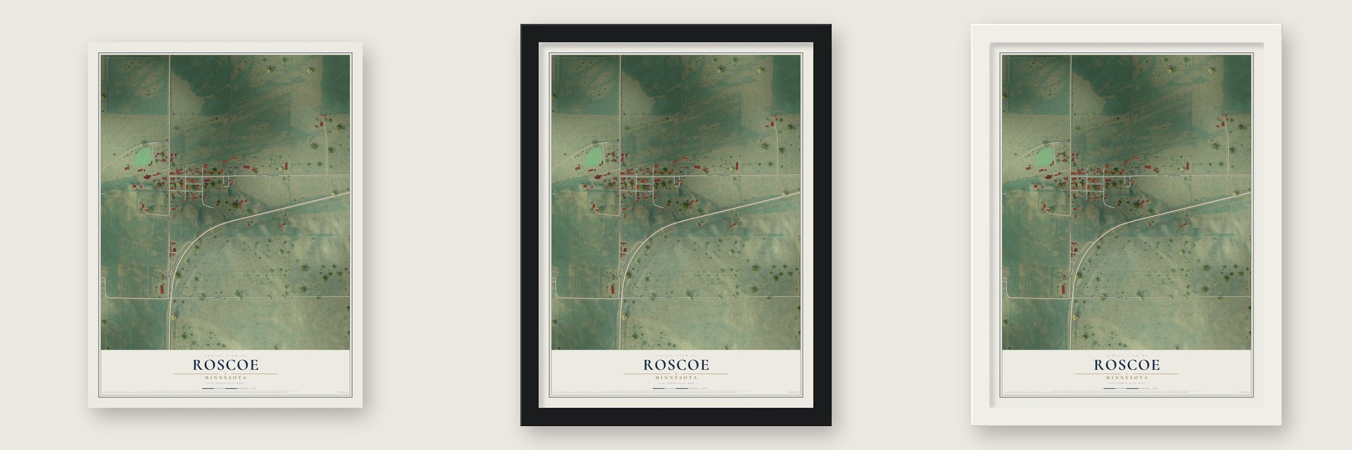 Roscoe, Minnesota map unframed, in a black wood frame and in a white wood frame