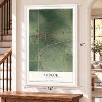 Roscoe, Minnesota map, 24 x 36 inch print in a white frame by a staircase