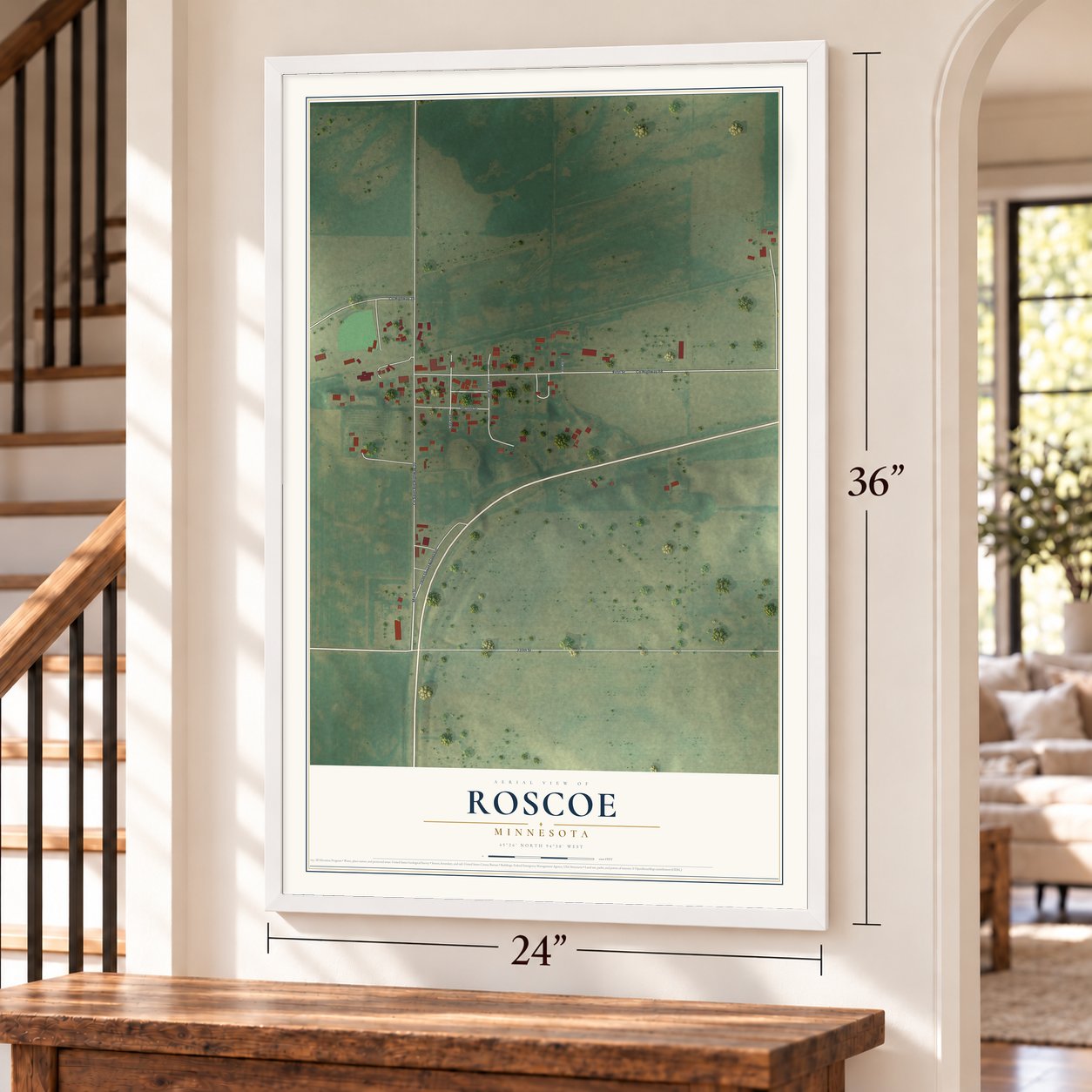 Roscoe, Minnesota map, 24 x 36 inch print in a white frame by a staircase